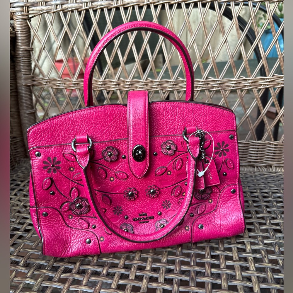 COACH Pink Willow Floral Mercer Satchel 24 In Grain Leather - Picture 5 of 13